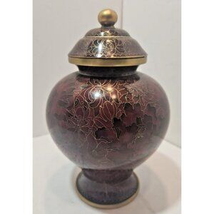 Vtg Jingfa 1000 Flower Chinese Maroon Gold Brass Enamel Temple Jar Ginger Jar